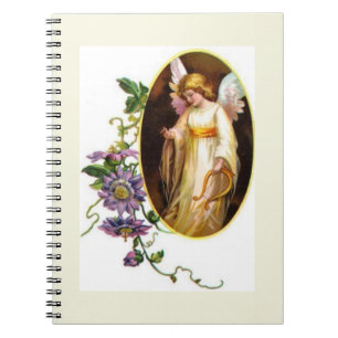 Carnet Ange avec harpe et fleurs de clématite