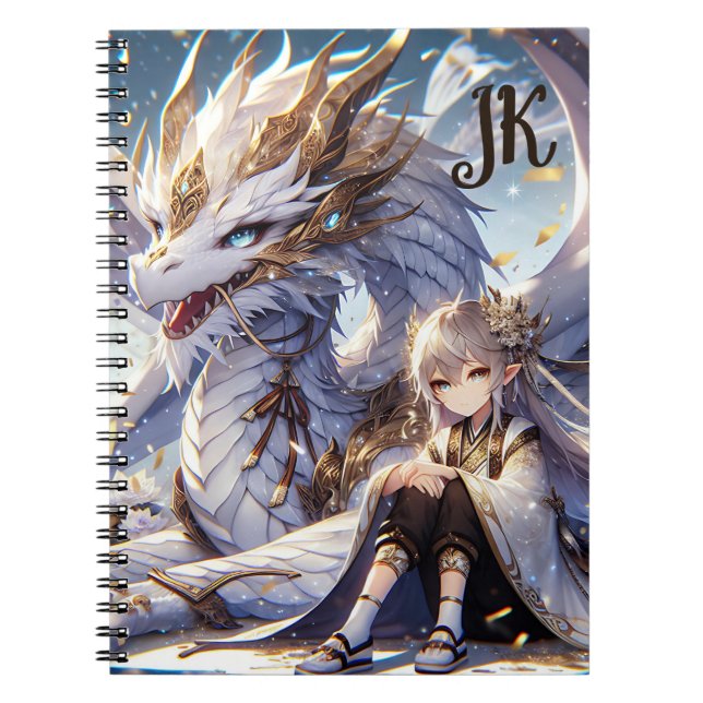 Carnet Anime Girl and White and Gold Dragon Monogrammé (Devant)