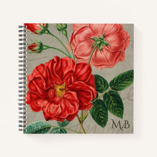 Carnet Antique Red Rose Art on Grey Monogram