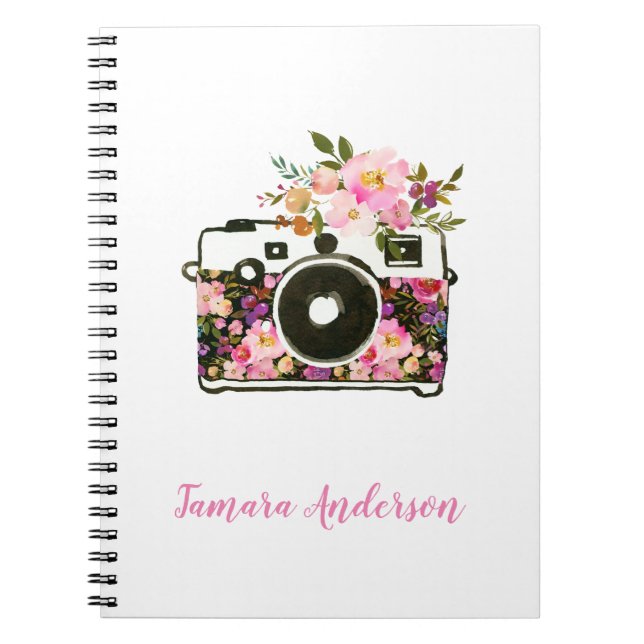 Carnet Appareil-photo floral à la mode de rose d'or (Devant)