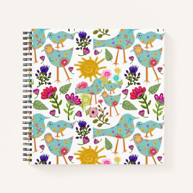 Carnet Aqua Whimsical Birds and Flowers Jour ensoleillé (Devant)