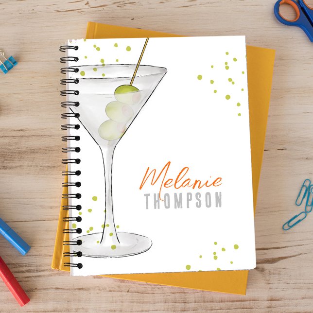 Carnet Aquarelle amusante Simple Cocktail Martini Olives (Martini cocktail drinks with olives on a toothpick custom notebook.)