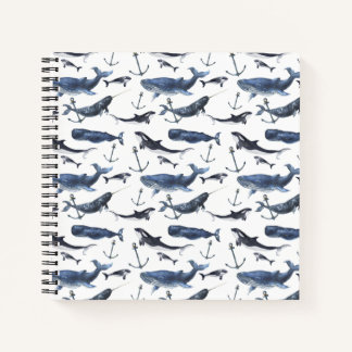 Carnet Aquarelle Baleine et Motif d'Ancres