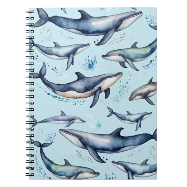 Carnet Aquarelle Baleines bleues et dauphins, animal mari (Devant)