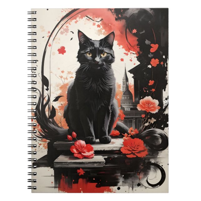 Carnet Aquarelle Black Chat Splatter Art Fleurs rouges (Devant)