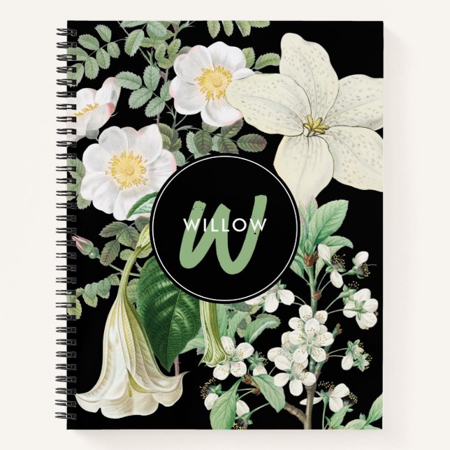 Carnet Aquarelle Blanc Fleur sauvage Sage Vert Monogramme (Devant)