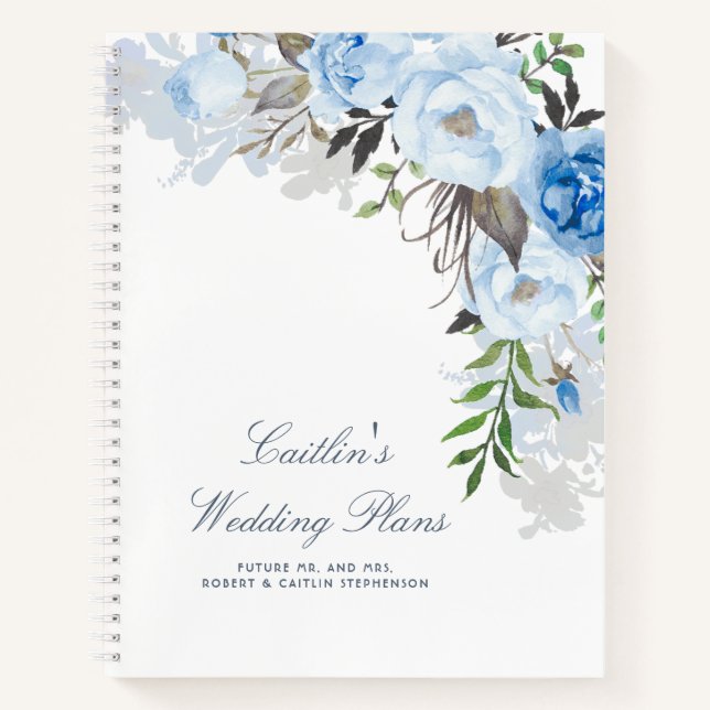 Carnet Aquarelle bleu Dusty Fleurs de mariage élégant pla (Devant)