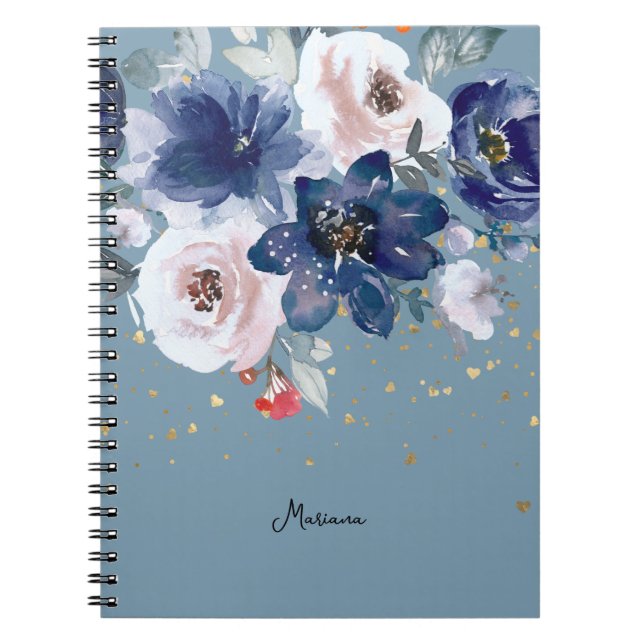 Carnet Aquarelle bleu rose doux Fleur Son personnel (Devant)