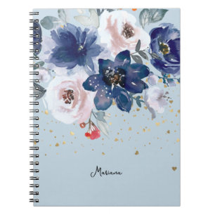 Carnet Aquarelle bleu rose doux Fleur Son personnel