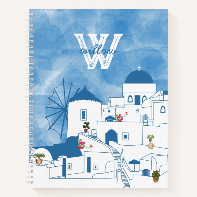 Carnet Aquarelle bleue et blanche Santorin Grèce Monogram (Devant)