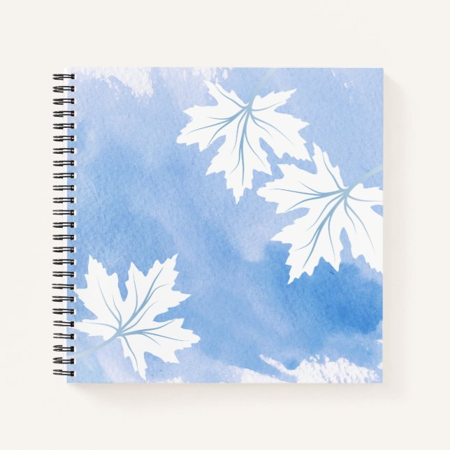 Carnet Aquarelle bleue moderne et feuilles d'érable blanc (Devant)