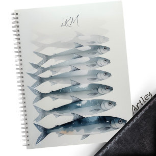 Carnet Aquarelle bleue Sardine Art Personnalisé Nom du mo