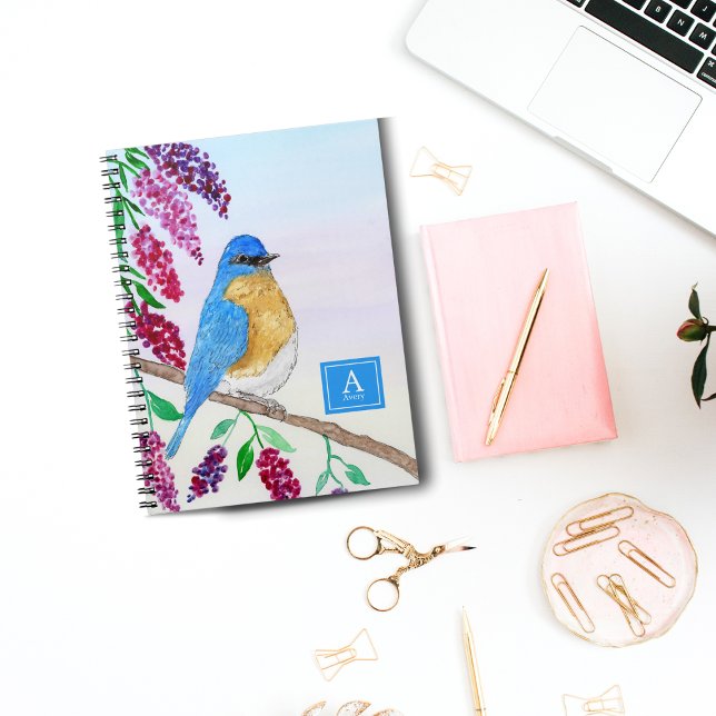 Carnet Aquarelle Bluebird dans Wisteria Tree Monogramme (Créateur téléchargé)