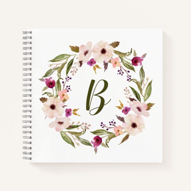 Carnet Aquarelle Bohème Floral Wreath Monogramme (Devant)