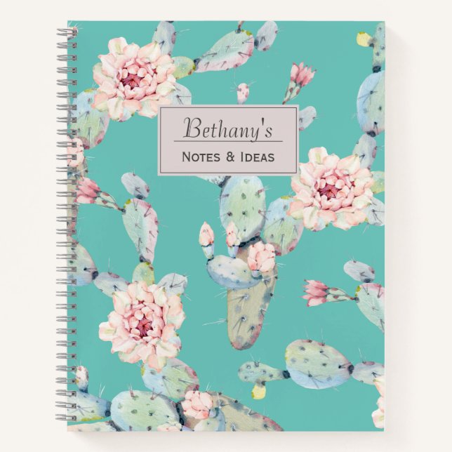 Carnet Aquarelle Cactus avec Fleurs Moderne Personnalisé (Devant)