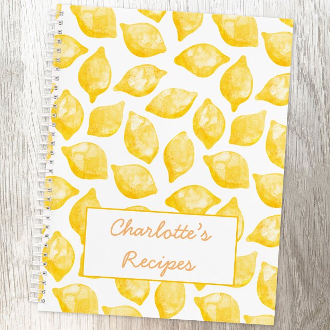 Carnet Aquarelle Citron Motif Recette personnalisée (Watercolor lemon pattern personalized name recipe book)