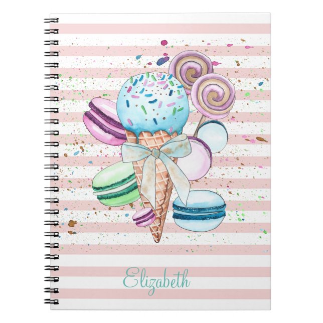 Carnet Aquarelle Crème glacée, Macarons, Bandes roses (Devant)