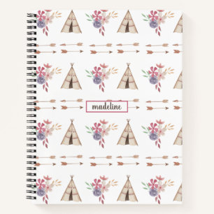 Carnet Aquarelle Cute Floral Boho Teepee Personnalisé