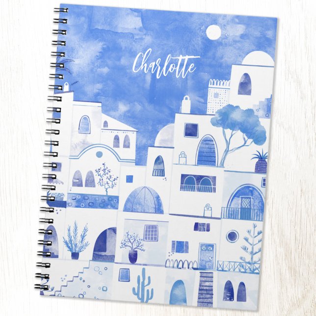Carnet Aquarelle de l'île grecque Santorin Oia Personnali (Personalized custom name Santorini Greece blue and white watercolor art notebook)