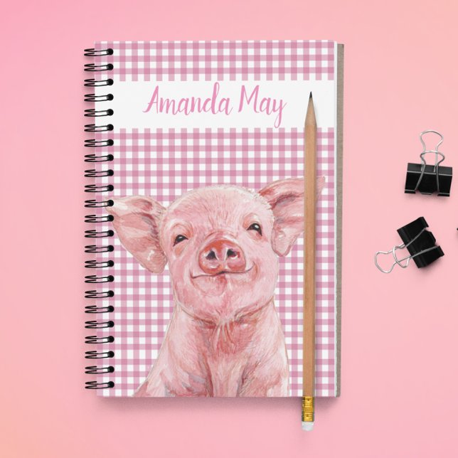 Carnet Aquarelle de porc rose En vichy Monogramme plaqué (Créateur téléchargé)