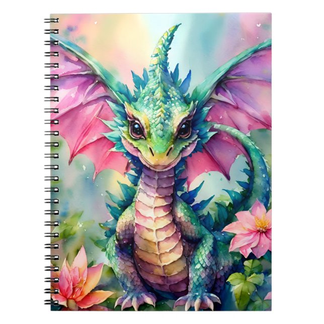 Carnet Aquarelle Dragon de bébé vert et rose (Devant)