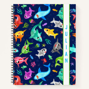 Carnet Aquarelle Famille de requins adorable Personnalisé