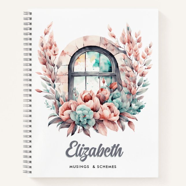 Carnet Aquarelle Fenêtre avec Fleurs roses et Succulents (Devant)