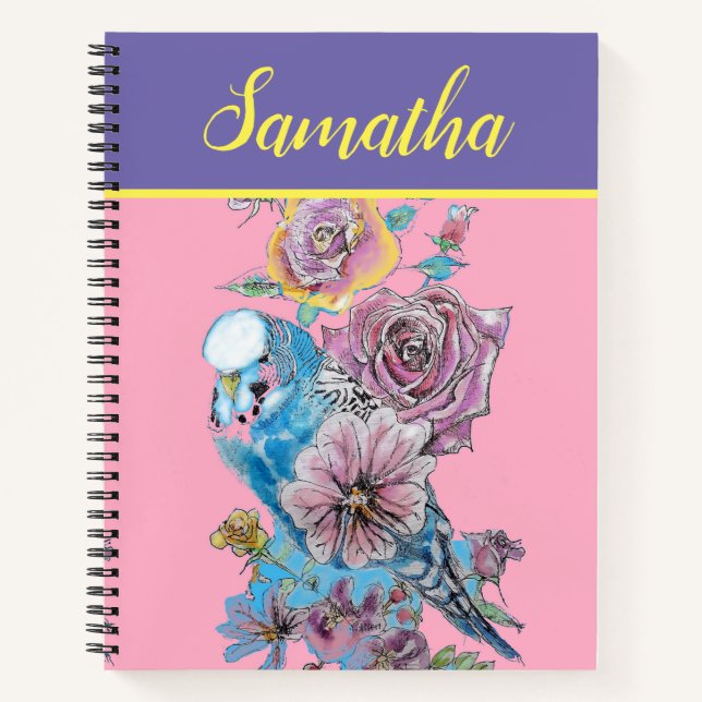 Carnet Aquarelle Fleur Rose Budgie Bleu  (Devant)