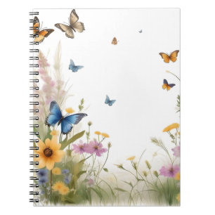 Carnet Aquarelle Fleur sauvage Gris Et Papillons,