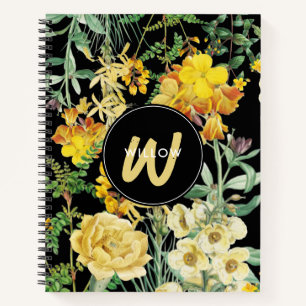 Carnet Aquarelle Fleur sauvage noir jaune Monogramme