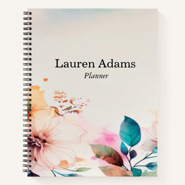 Carnet Aquarelle fleurs couleurs pastel nom personnalisé (Devant)