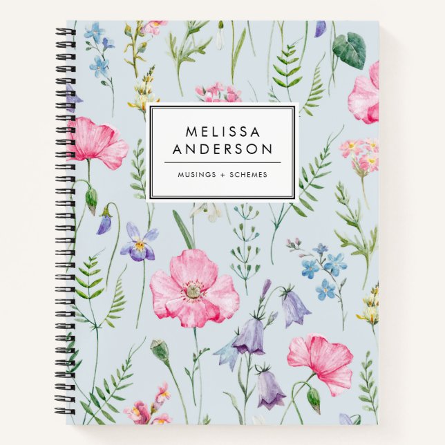 Carnet Aquarelle Fleurs délicates Foliage Motif bleu (Devant)