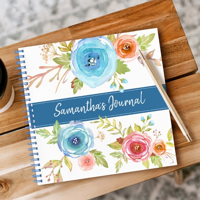 Carnet Aquarelle florale bleu nom de script personnalisé  (Créateur téléchargé)