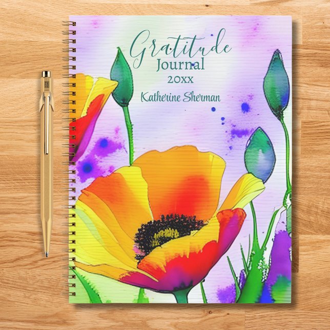Carnet Aquarelle Florale Californie Poppies Gratitude (Gratitude Journal: Write down what you're grateful for, improve your life. Add your name and year.)