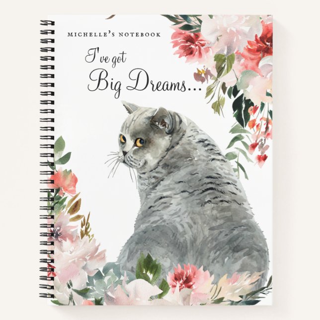 Carnet Aquarelle Gris Chat Floral Citation & Monogramme (Devant)