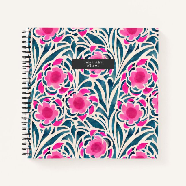 Carnet Aquarelle inspirée rose + bleu Botanique Floral (Devant)