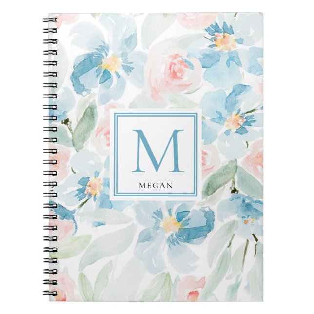 Carnet Aquarelle moderne Fleurs bleues et bleues Initiale (Devant)