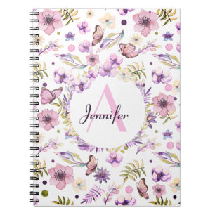 Carnet Aquarelle moderne Floral Monogramme Fille Blanc