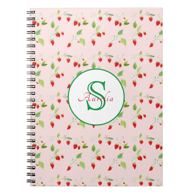 Carnet Aquarelle Motif de fleurs de fraise Monogramme (Devant)