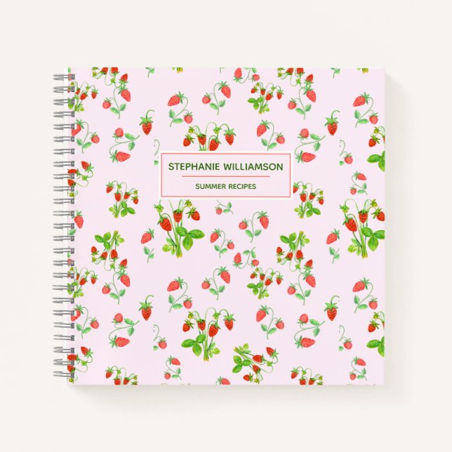 Carnet Aquarelle Motif fraise sur rose pâle (Devant)