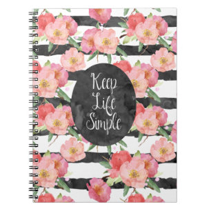 Carnet Aquarelle noire noire blanche rayures rose Floral