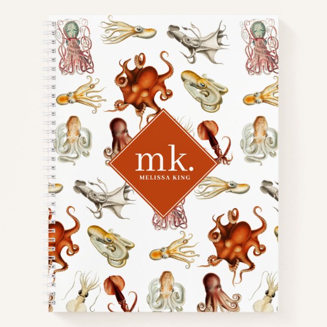 Carnet Aquarelle Octopus Océan Animaux Motif Monogramme (Devant)