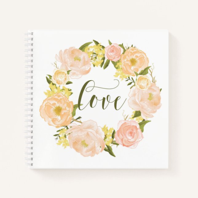 Carnet Aquarelle Pastel Orange Peonies Wreath Love (Devant)