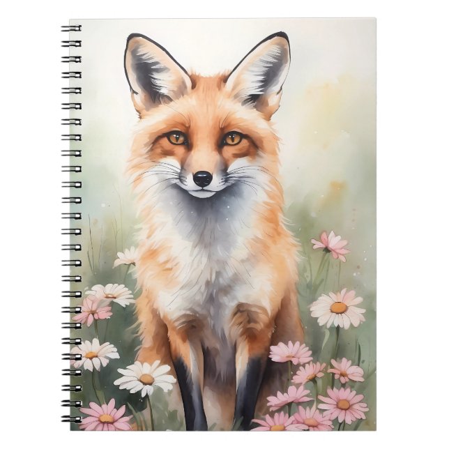 Carnet Aquarelle Peinture Fox avec Fleurs marguerites (Devant)