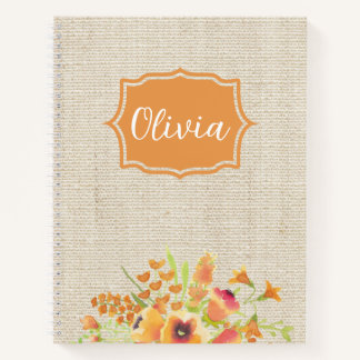 Carnet Aquarelle personnalisée Fleurs orange sur Burlap