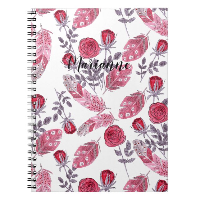Carnet Aquarelle plumes rouges esquissées fleurs blanc de (Devant)