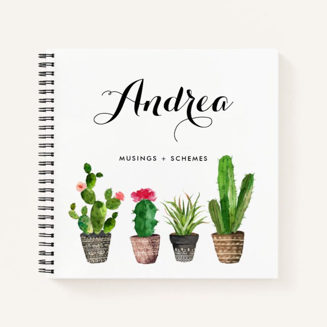 Carnet Aquarelle pointillé Succulents Carré personnalisé (Devant)