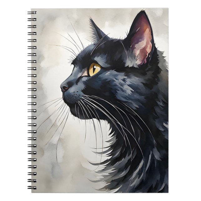 Carnet Aquarelle Portrait de profil de chat noir Pose (Devant)