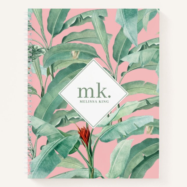 Carnet Aquarelle rose banane tropicale Feuilles Monogramm (Devant)