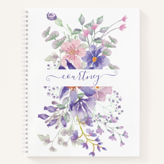 Carnet Aquarelle rose et violet florale personnalisée (Devant)